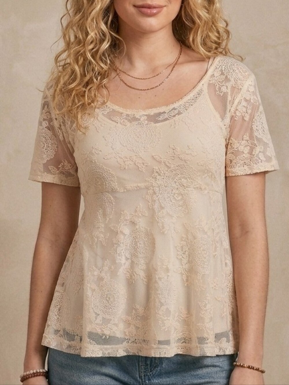 VTG Y2K Floral Lace Babydoll Top L Flutter Beige Made In USA Festival Romantic